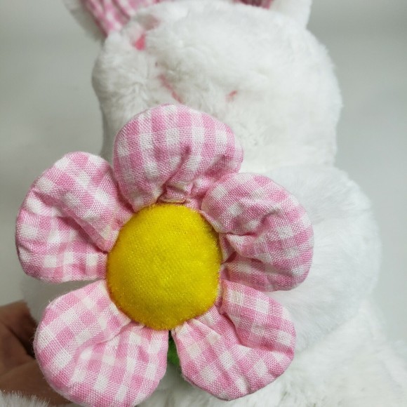 New Concepts Plush White Easter Bunny Rabbit Pink Gingham Flower Clean - Picture 10 of 10
